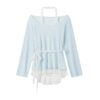 Elegant Blue Halter Style Long Sleeve