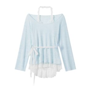 Elegant Blue Halter Style Long Sleeve
