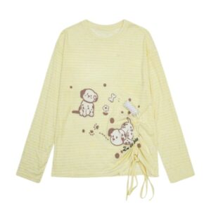 Gentle-Style Yellow Striped Long-Sleeve Top With Dog Print
