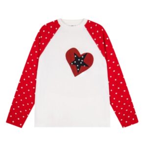 Stylish Long-Sleeve Top With Heart And Polka Dot Print — Red & White Color-Block
